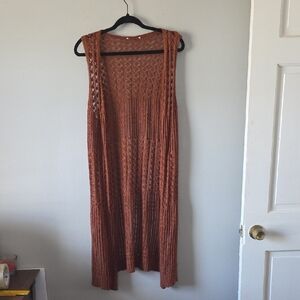 Sleeveless Rust Crochet Open Knit Bohemian Or Western Cardigan